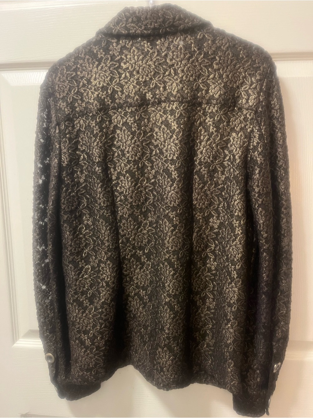 Chico’s Size 0 Bronze Black Metallic Floral Lace Shacket Jacket Button Front - Picture 3 of 9
